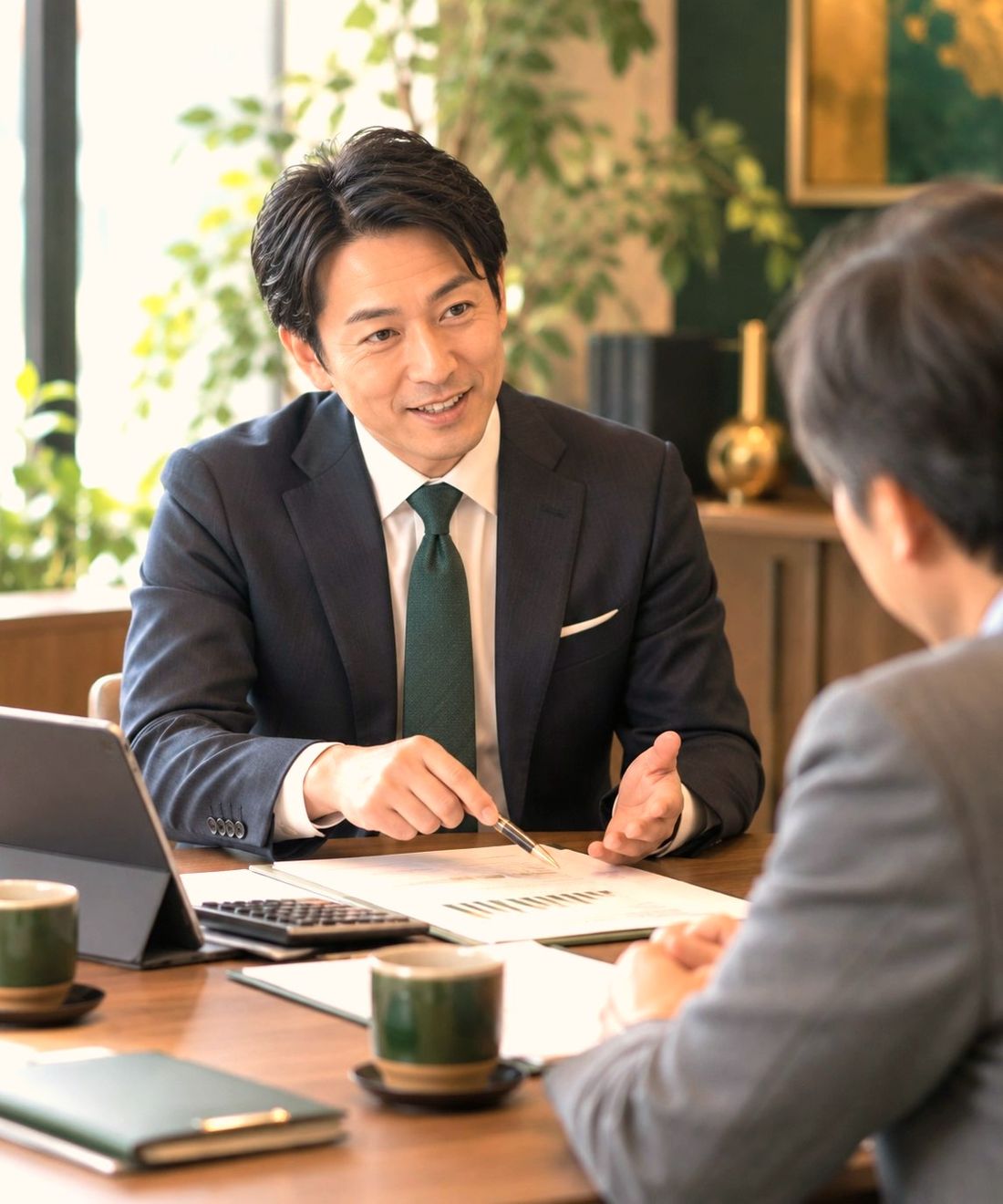 資料を指しながら、わかりやすく説明する税理士