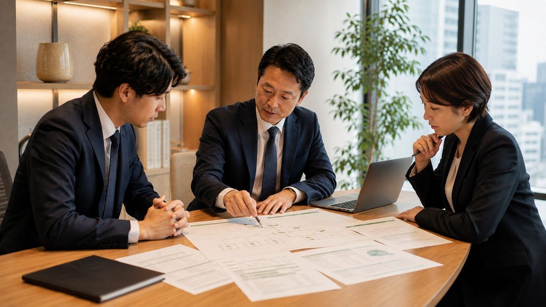 資料を見ながらチームで検討する税理士たち