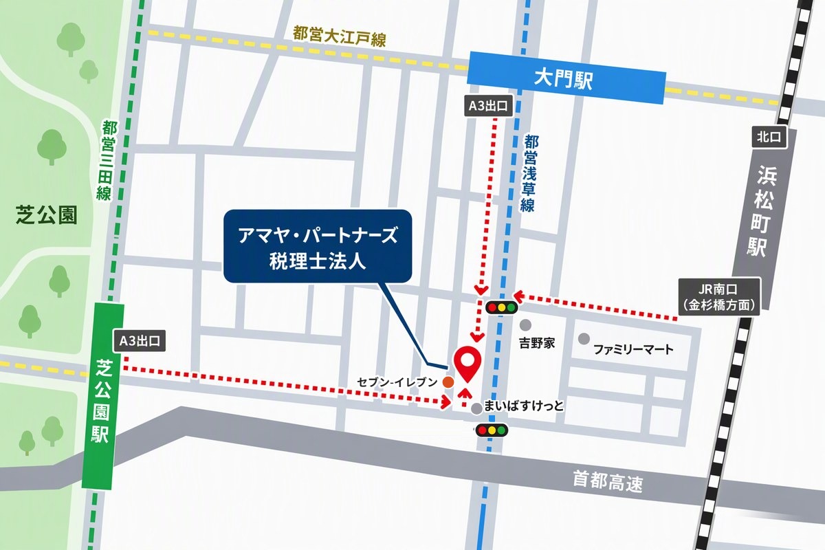 大門駅・浜松町駅・芝公園駅から当法人までの道順地図